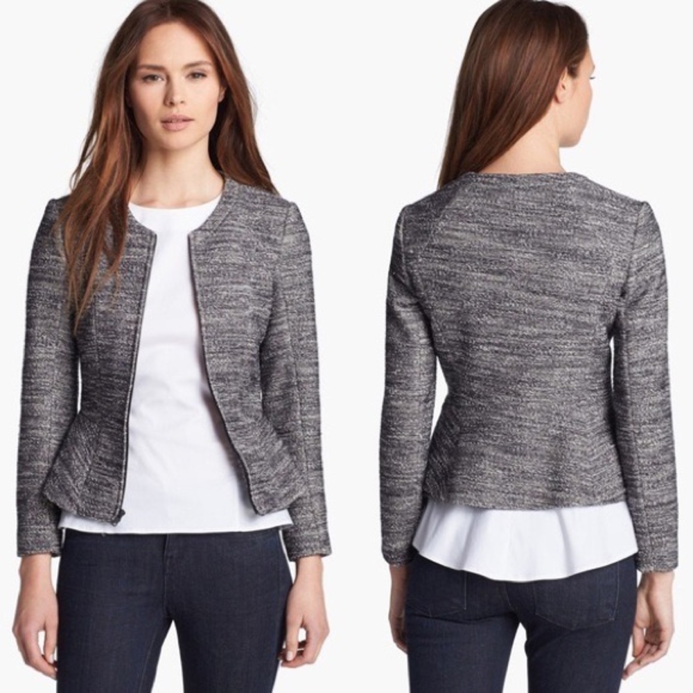 Theory Gray Tweed Peplum Zip-Front Blazer